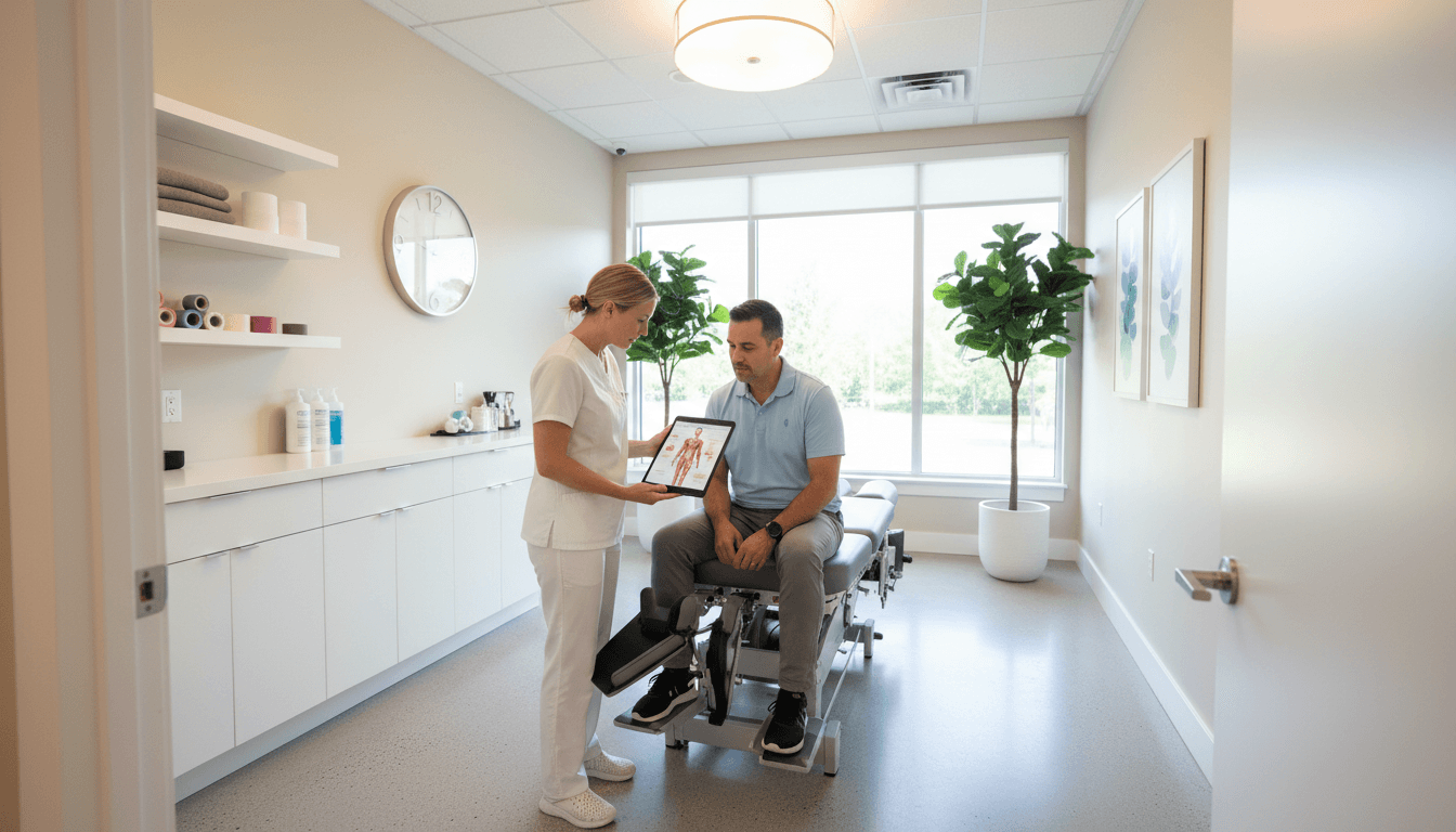 Professional chiropractor in a bright modern clinic consulting with a patient