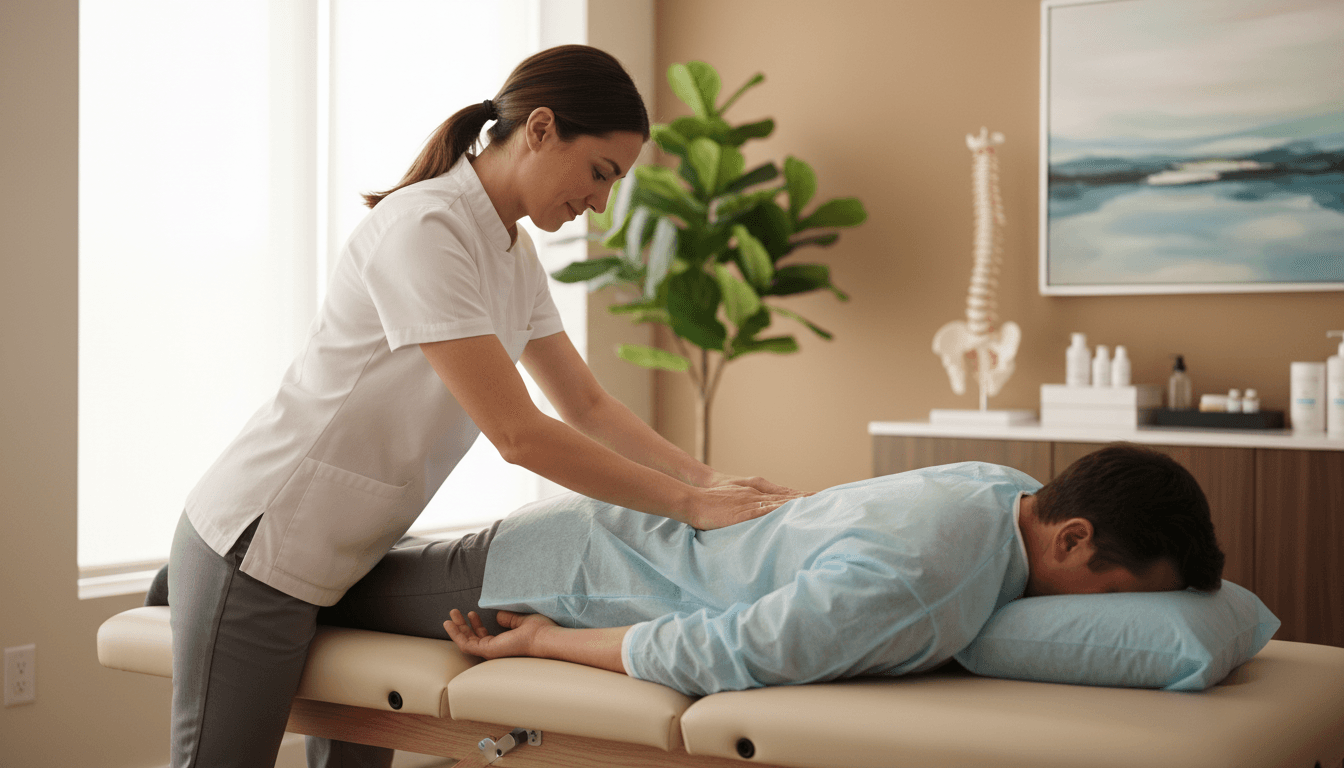 Chiropractor performing a spinal adjustment on a patient in a bright, modern clinic room